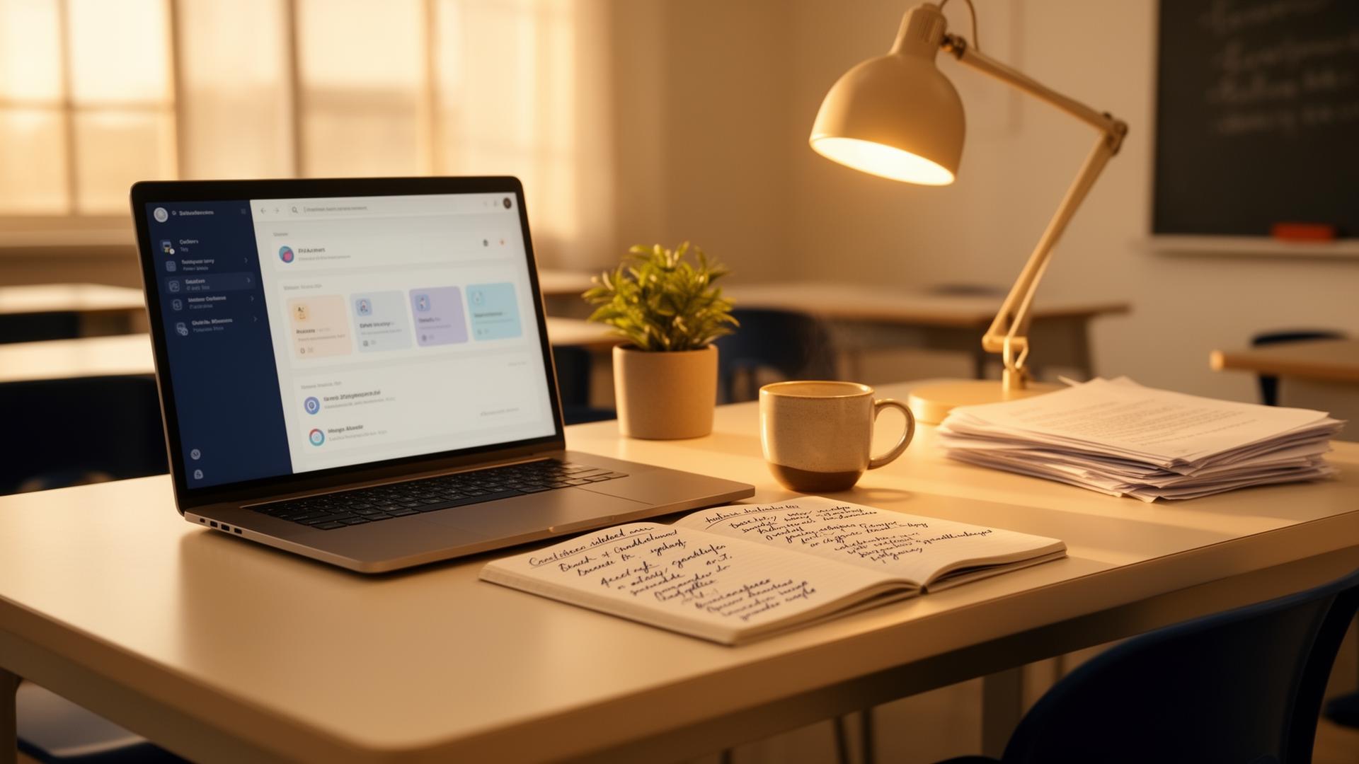 A teacher's notebook and laptop on a sunlit desk